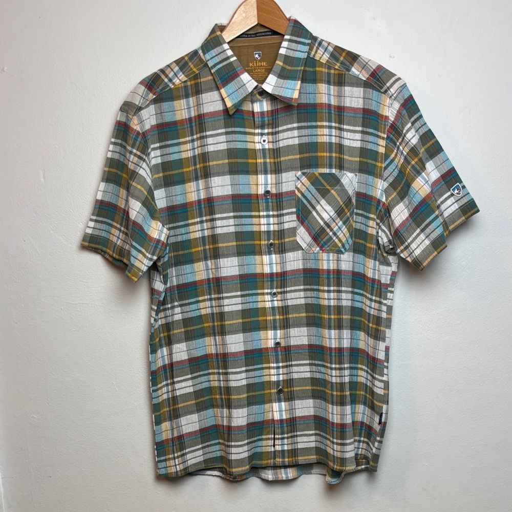 Kuhl Men’s Large Button-Up Short-Sleeve Shirt Plaid Organic Cotton Hiking